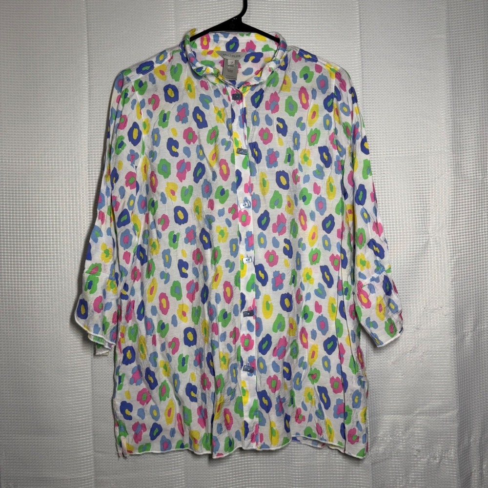 Multiples Tunic Shirt Rayon Blend Abstract Leopard Print Button Up Vibrant S